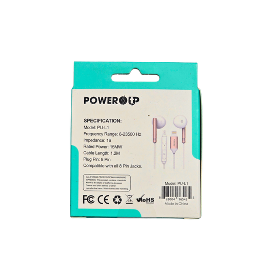 PowerUp Extra Bass Stereo Earphones 8-Pin Rose Gold | Wired In-Ear Headphones | Deep Bass Clear Sound Universal Audio Earphones