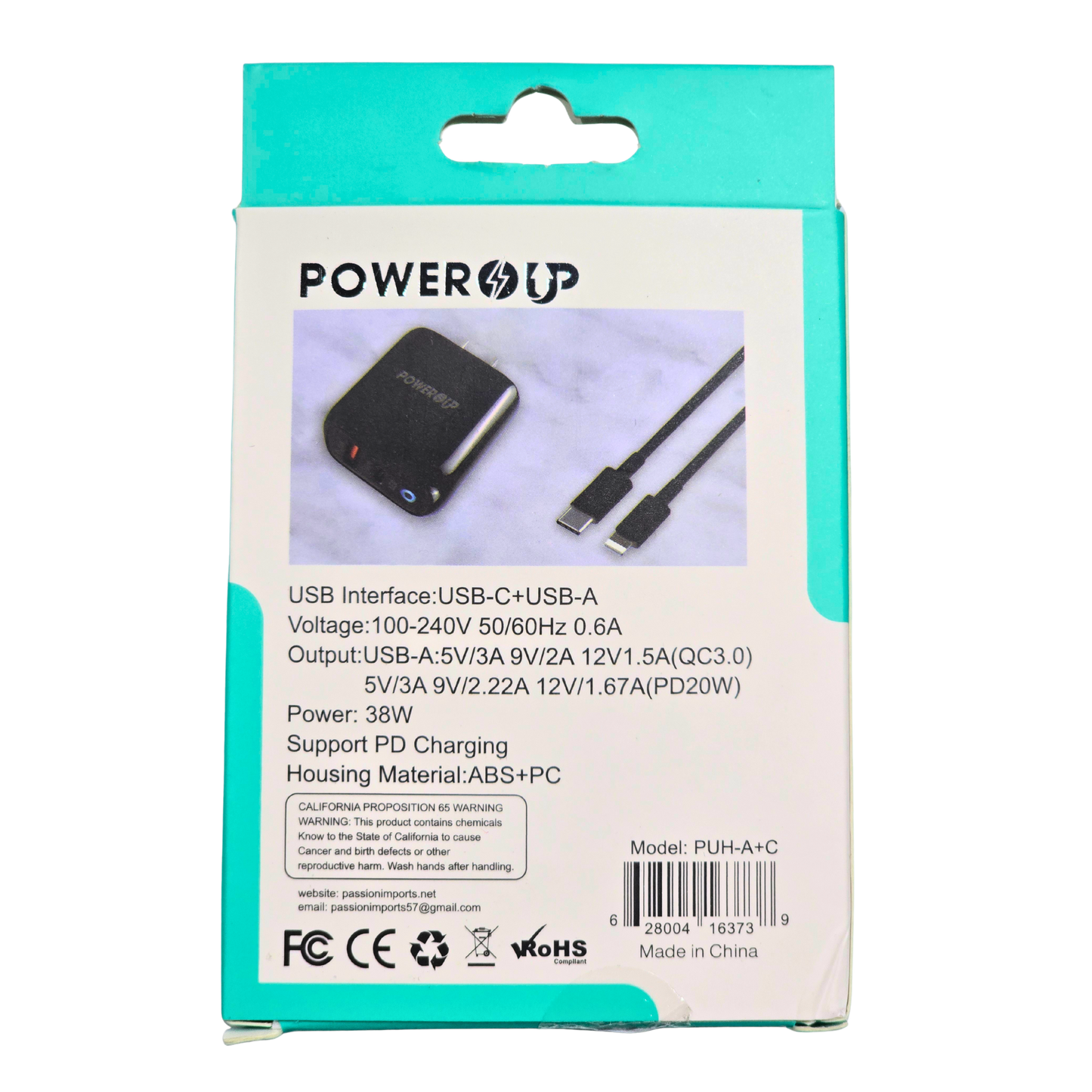 PowerUp 38W Fast Speed USB-A + USB-C Home Charger | Dual Port PD Fast Charging Wall Adapter | Universal Multi Device Charging Plug