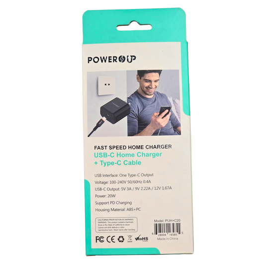 PowerUp 20W Fast USB-C Home Charger – PD Fast Charging Wall Adapter with Type-C Cable, Fire Protection, Temperature Resistant