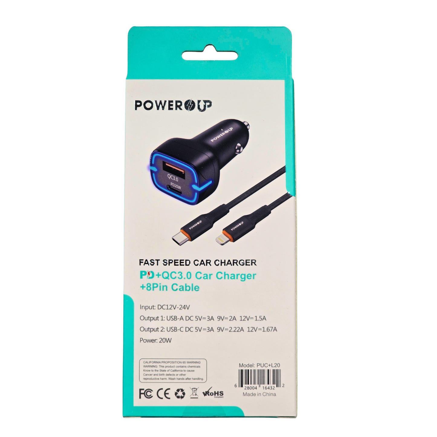 PowerUp 20W Fast Car Charger – PD + QC3.0 Dual Port (USB-A + USB-C), Includes Type-C Cable, High-Speed Car Charging Adapter