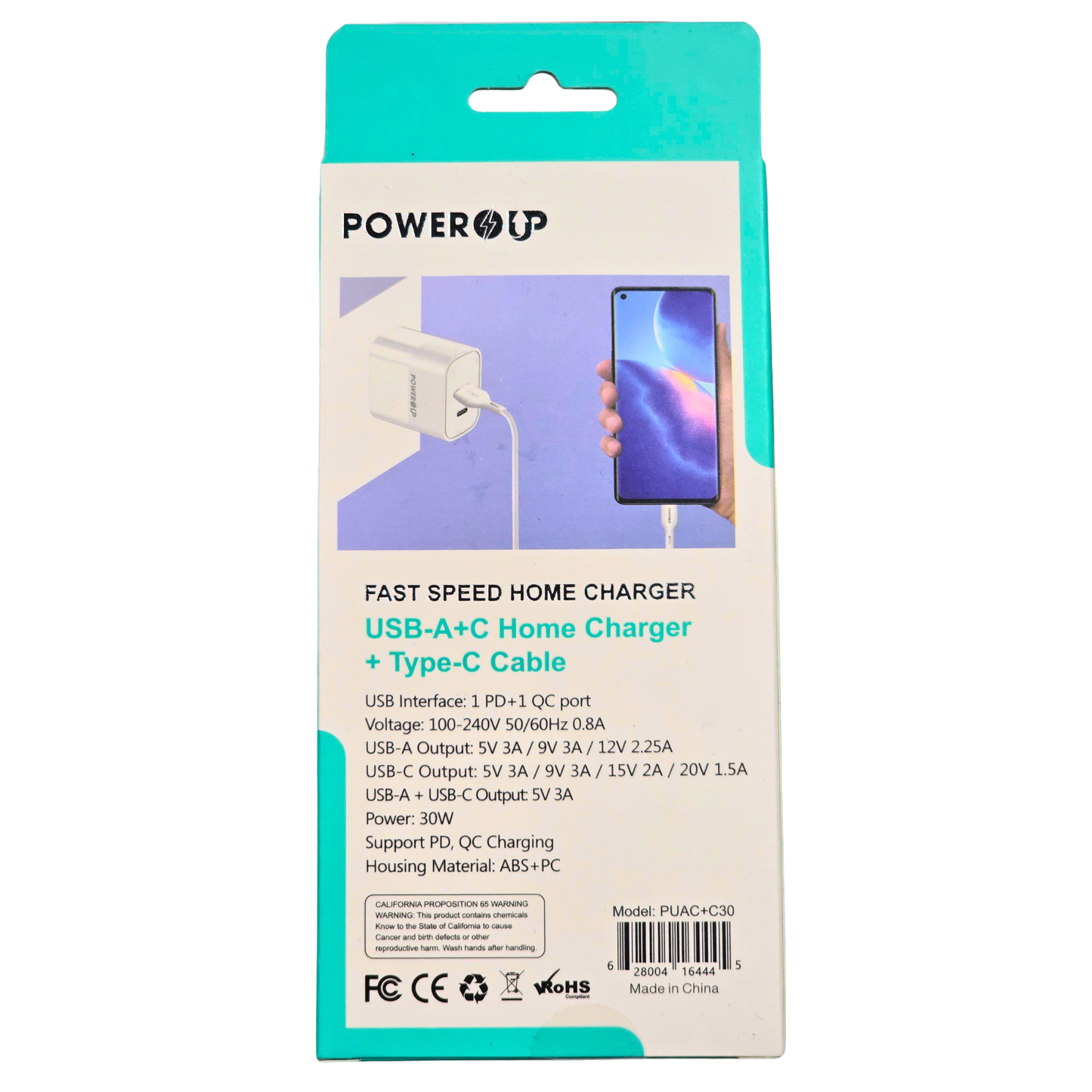 PowerUp 30W Fast Home Charger – Dual Port USB-A + USB-C (PD + QC), Includes Type-C Cable, Fire Protection, Temperature Resistant Wall Adapter