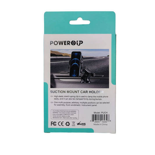 PowerUp Suction Mount Car Holder With Adjustable Arm For Easy One Handed Operation, Stable Secure And Fit For All Smart Phones