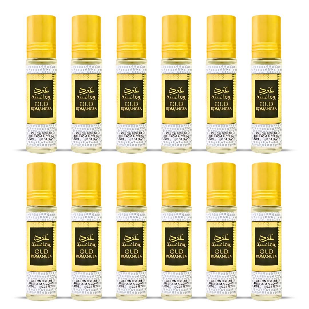 Ard Al Zaafaran Oud Romancea Roll-On Perfume Oil 10ml x 12 Pack | Sweet Oud Floral Long Lasting Arabic Attar Unisex Non-Alcohol Fragrance Travel Size Set