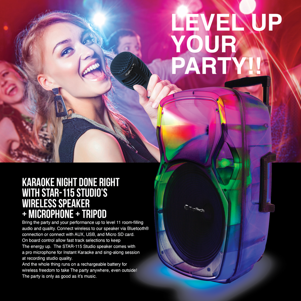 TopTech-1x15" Woofer Party Speaker with Single Wireless Microphone and Stand