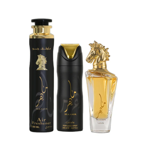 Lattafa Maahir 3-Piece Gift Set – 100 ml / 3.4 fl oz Eau de Parfum + 200 ml / 6.67 fl oz Deodorant + 300 ml / 10.14 fl oz Air Freshener (Unisex)