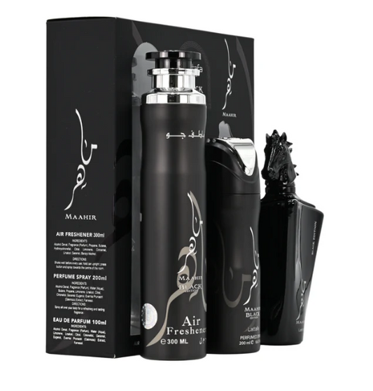 Lattafa Maahir Black Edition 3-Piece Gift Set – 100 ml / 3.4 fl oz Eau de Parfum + 200 ml / 6.67 fl oz Perfumed Spray + 300 ml / 10.14 fl oz Air Freshener (Unisex, New in Box)