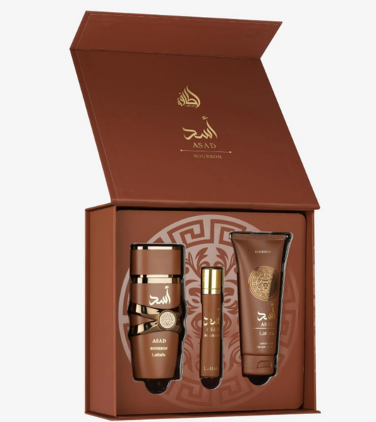 Lattafa-Asad Bourbon 3pcs Gift Set – Unisex | 100 ml / 3.4 fl oz + Extras