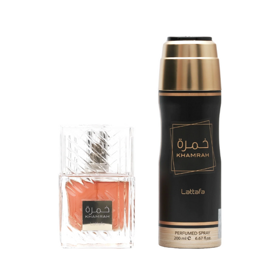 Lattafa Khamrah 2pcs Set – Unisex | 100 ml EDP + 200 ml Perfumed Spray