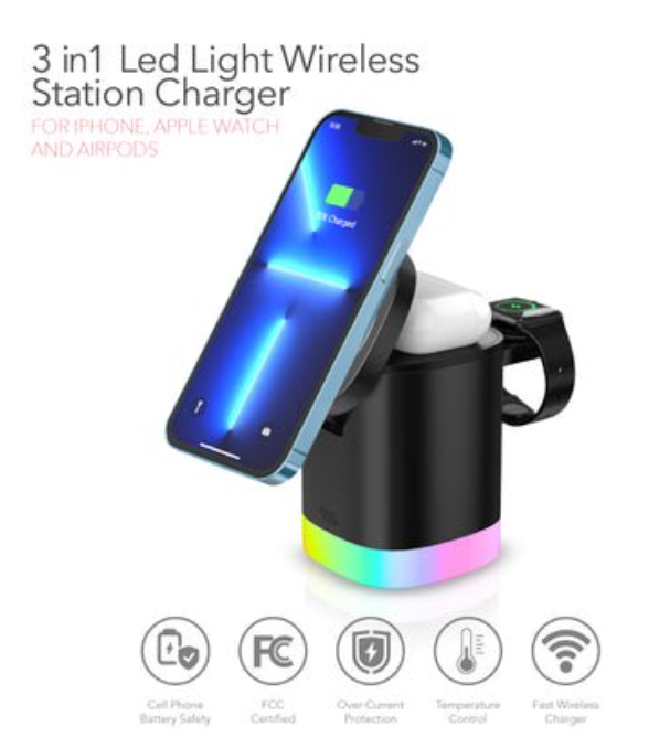 RCA 3-in-1 LED Light Wireless Charging Station, Multi-Device Fast Wireless Charger with LED Lamp, Phone Watch Earbuds Charging Dock, USB Powered Smart Home Charging Stand