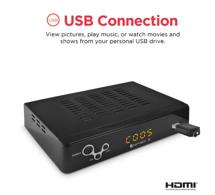 Ematic AT103B Digital Converter Box with LED Display & Recording Capabilities, 1080p HD TV Tuner for Analog TVs, USB DVR Playback, HDMI Output, Remote Included