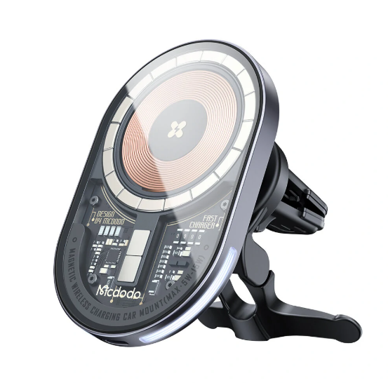 15W Magnetic Wireless Car Charger Mount, PD3.0 & QC3.0 Fast Charging Transparent Design with 360° Rotation, Air Vent Phone Holder with Breathing LED Light for Smart Devices