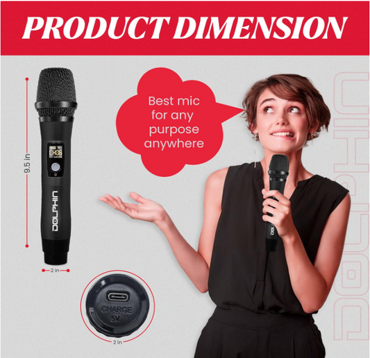 Dolphin MCX11 UHF Wireless Microphone System – Karaoke, Singing, PA, Parties & Events, All-Metal Build, DSP Audio, 50 Channels, Long Range, Rechargeable (Red, Green, Black)