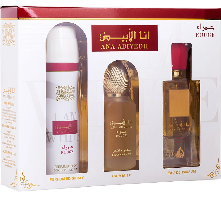 Lattafa Ana Abiyedh Rouge 3 Piece Gift Set | Eau de Parfum + Hair Mist + Deodorant | Sweet Amber Woody Long Lasting Unisex Luxury Fragrance Set