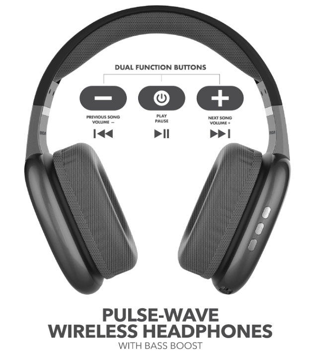 RCA Wave‑56 Wireless Over‑Ear Bluetooth Headphones – 20 Hour Battery Life, Hi‑Res Audio, Enhanced Bass, Transparency Mode, Lightweight Comfort, Travel Friendly Design, White
