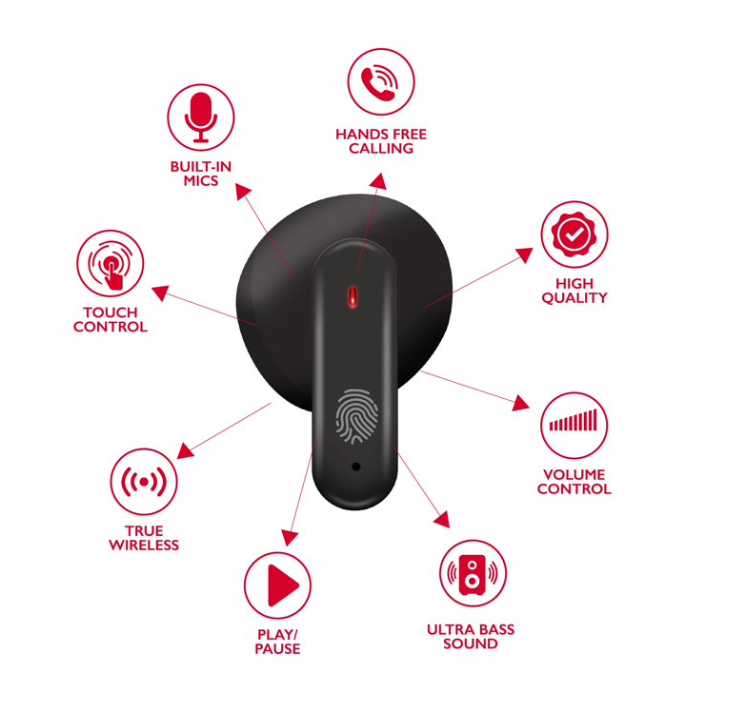 RCA Wave-78 True Wireless Earbuds – Bluetooth, 20H Playtime, Immersive Sound, Compact Design, Multi-Color (Black, White, Red)