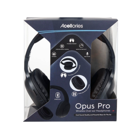 Acellories Opus Pro Wireless Over-Ear Bluetooth Headphones – Powerful Bass, Foldable Design, Built-in Mic, FM Radio, SD Card Support