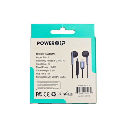 PowerUp Extra Bass Stereo Earphones 8-Pin | Wired In-Ear Headphones with Deep Bass Sound | Universal Clear Audio Earphones for Compatible Devices