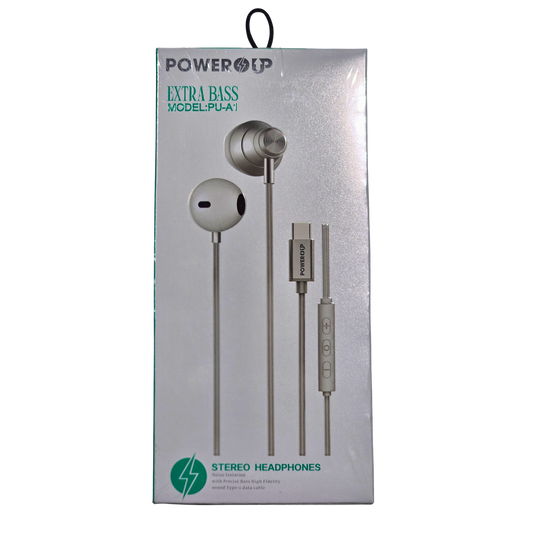 PowerUp Extra Bass Stereo Type-C Headphones | Wired USB-C In-Ear Earphones | Deep Bass Clear Sound Universal Audio Headset
