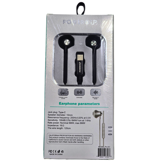 PowerUp Extra Bass Stereo Type-C Headphones | Wired USB-C In-Ear Earphones | Deep Bass Clear Sound Universal Audio Headset