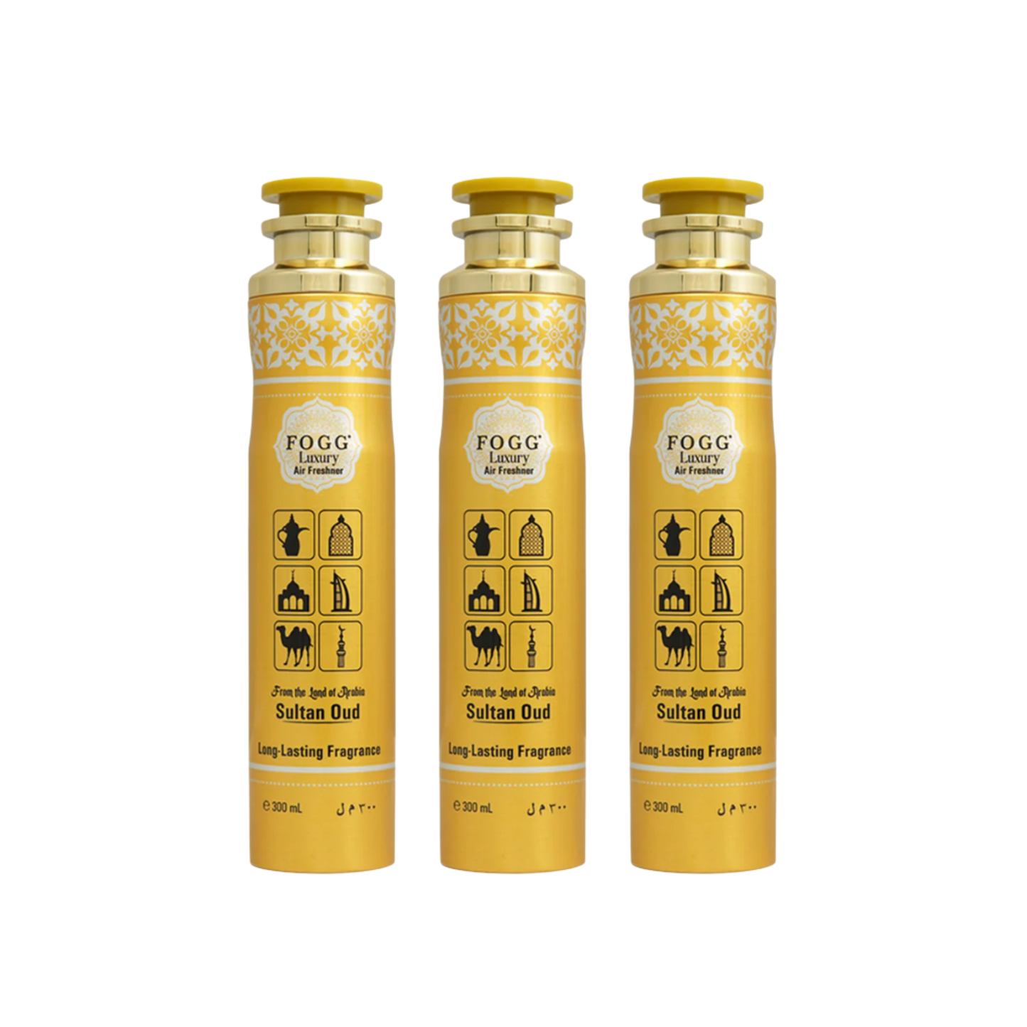 Fogg Sultan Oud Air Freshener 300ml 3-Piece Set | Long Lasting Room Spray Bundle | Oriental Woody Oud Luxury Home Fragrance Pack