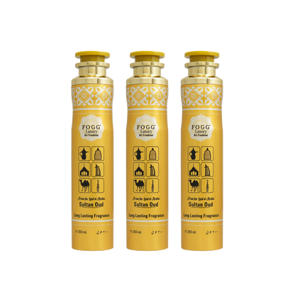 Fogg Sultan Oud Air Freshener 300ml 3-Piece Set | Long Lasting Room Spray Bundle | Oriental Woody Oud Luxury Home Fragrance Pack