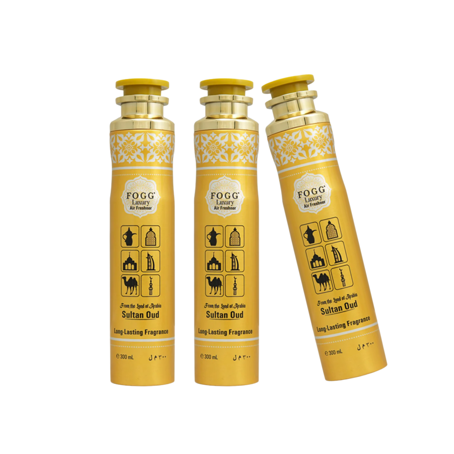 Fogg Sultan Oud Air Freshener 300ml 3-Piece Set | Long Lasting Room Spray Bundle | Oriental Woody Oud Luxury Home Fragrance Pack