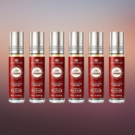 Al Rehab Diwan Roll-On Perfume Oil 6ml x 6 Pack | Oriental Woody Musky Long Lasting Attar Unisex Arabic Non-Alcohol Fragrance Travel Size