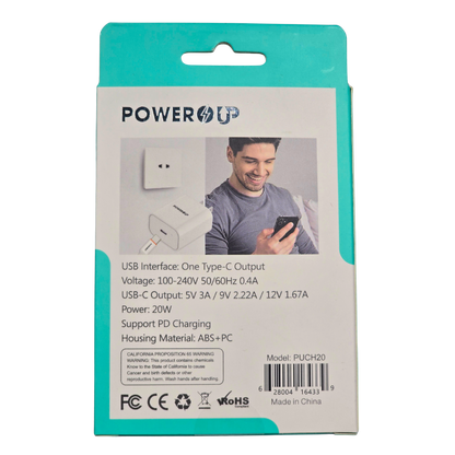 PowerUp 20W Fast Speed USB-C Home Charger | PD Fast Charging Wall Adapter | Compact Universal Smartphone Charging Adapter