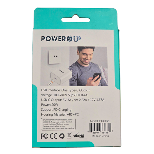PowerUp 20W Fast Speed USB-C Home Charger | PD Fast Charging Wall Adapter | Compact Universal Smartphone Charging Adapter