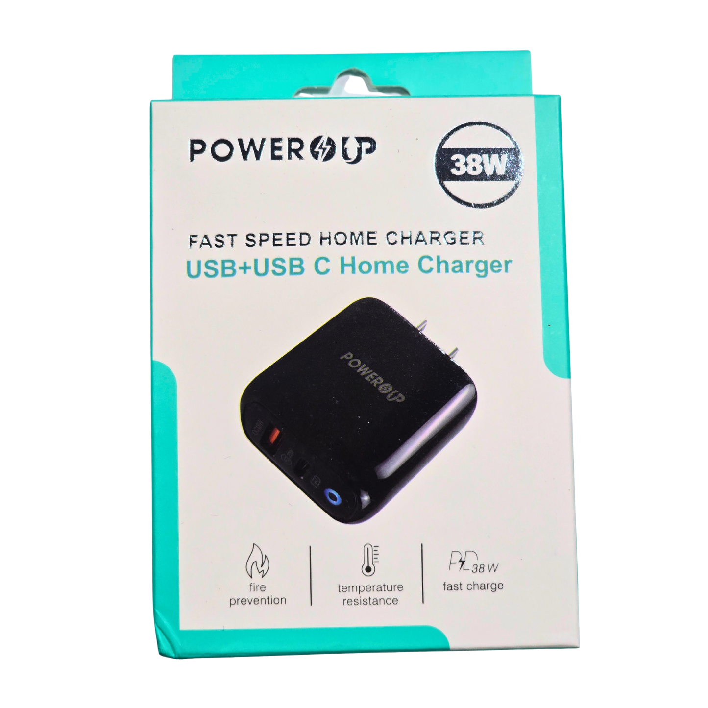 PowerUp 38W Fast Speed USB-A + USB-C Home Charger | Dual Port PD Fast Charging Wall Adapter | Universal Multi Device Charging Plug