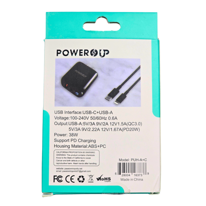 PowerUp 38W Fast Speed USB-A + USB-C Home Charger | Dual Port PD Fast Charging Wall Adapter | Universal Multi Device Charging Plug