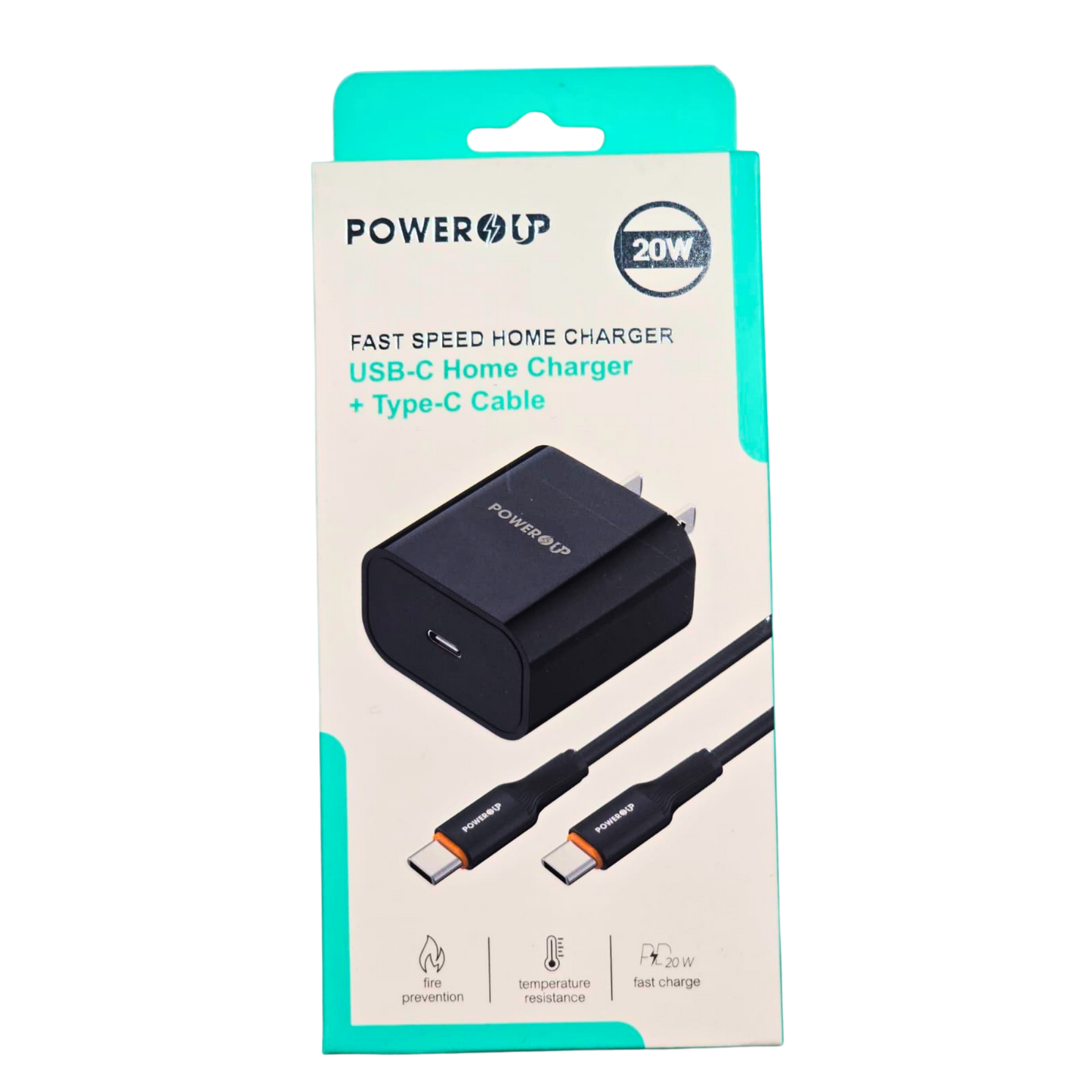 PowerUp 20W Fast USB-C Home Charger – PD Fast Charging Wall Adapter with Type-C Cable, Fire Protection, Temperature Resistant