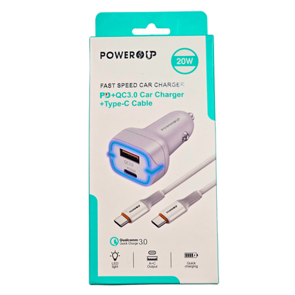 PowerUp 20W Fast Car Charger – PD + QC3.0 Dual Port (USB-A + USB-C), Includes Type-C Cable, High-Speed Car Charging Adapter