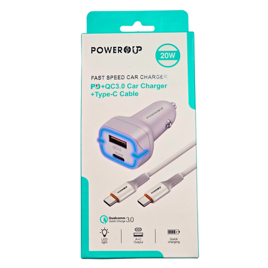 PowerUp 20W Fast Car Charger – PD + QC3.0 Dual Port (USB-A + USB-C), Includes Type-C Cable, High-Speed Car Charging Adapter