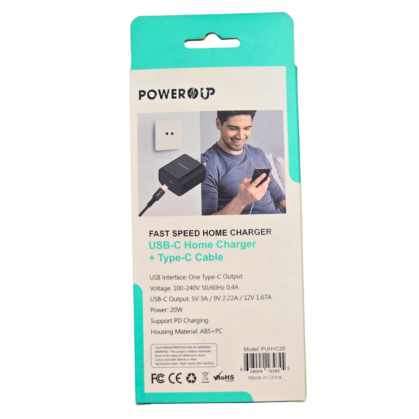 PowerUp 20W Fast USB-C Home Charger – PD Fast Charging Wall Adapter with Type-C Cable, Fire Protection, Temperature Resistant