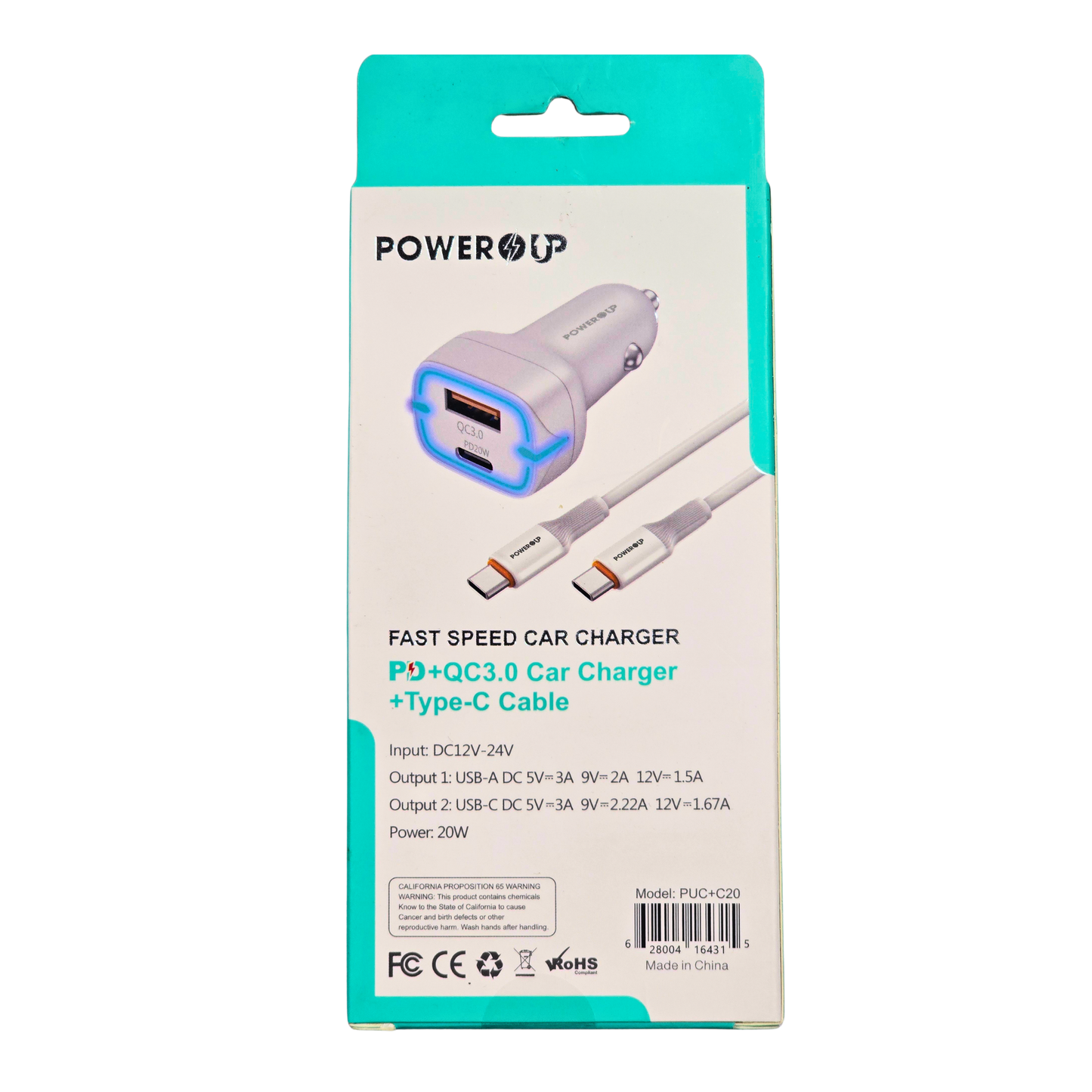 PowerUp 20W Fast Car Charger – PD + QC3.0 Dual Port (USB-A + USB-C), Includes Type-C Cable, High-Speed Car Charging Adapter