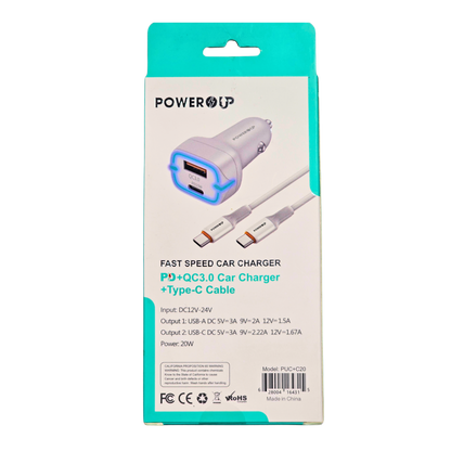 PowerUp 20W Fast Car Charger – PD + QC3.0 Dual Port (USB-A + USB-C), Includes Type-C Cable, High-Speed Car Charging Adapter