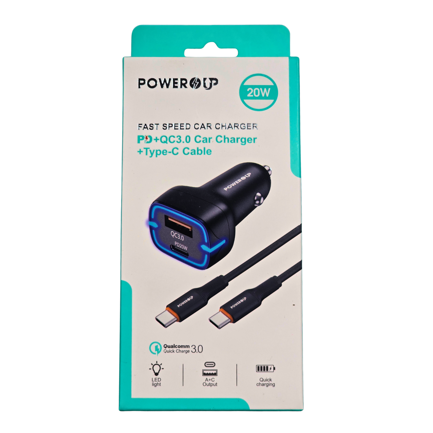 PowerUp 20W Fast Car Charger – PD + QC3.0 Dual Port (USB-A + USB-C), Includes Type-C Cable, High-Speed Car Charging Adapter