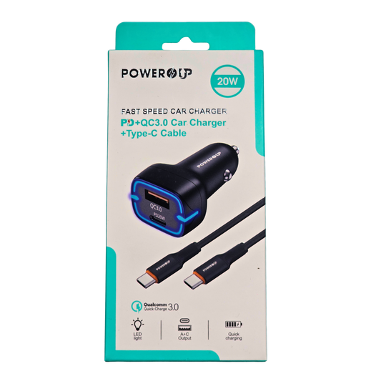 PowerUp 20W Fast Car Charger – PD + QC3.0 Dual Port (USB-A + USB-C), Includes Type-C Cable, High-Speed Car Charging Adapter