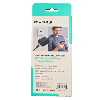 PowerUp 20W Fast Speed USB-C Home Charger | PD Fast Charging Wall Adapter | Compact Type-C Power Adapter for iPhone & Android