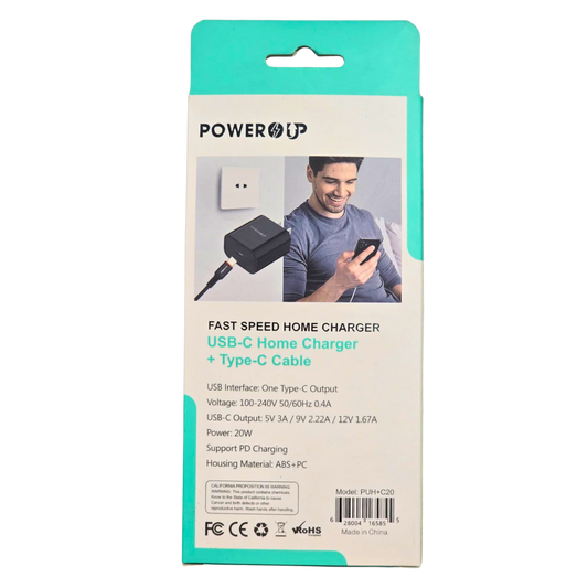 PowerUp 20W Fast Speed USB-C Home Charger | PD Fast Charging Wall Adapter | Compact Type-C Power Adapter for iPhone & Android