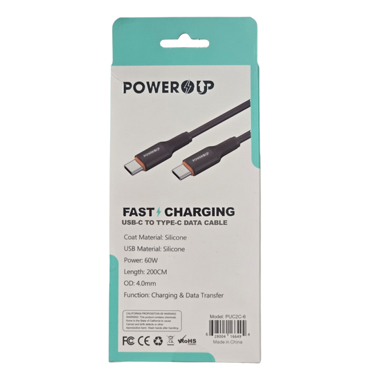 PowerUp USB-C to USB-C 60W Fast Charging Data Cable – High-Speed Charging & Sync, Durable Design, Universal Type-C Cable