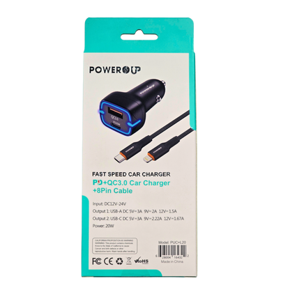 PowerUp 20W Fast Car Charger – PD + QC3.0 Dual Port (USB-A + USB-C), Includes Type-C Cable, High-Speed Car Charging Adapter