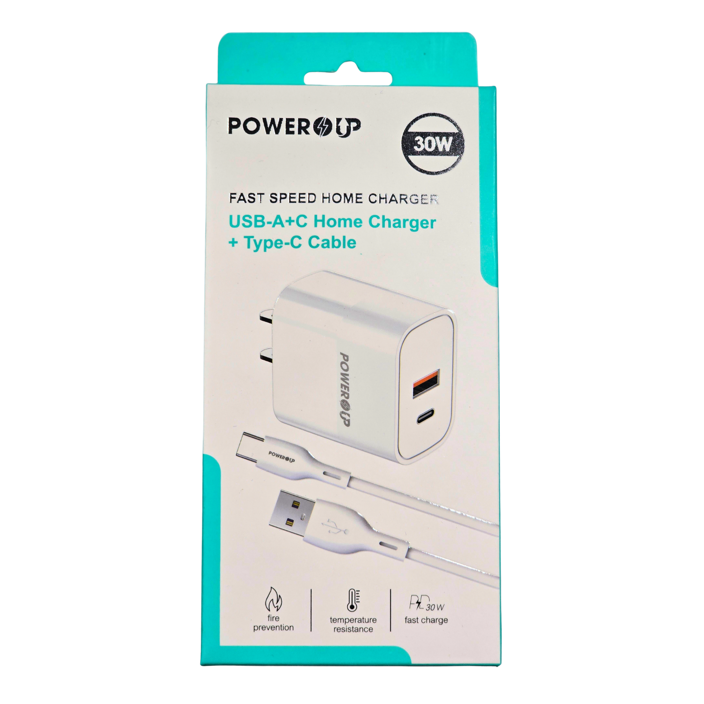 PowerUp 30W Fast Home Charger – Dual Port USB-A + USB-C (PD + QC), Includes Type-C Cable, Fire Protection, Temperature Resistant Wall Adapter