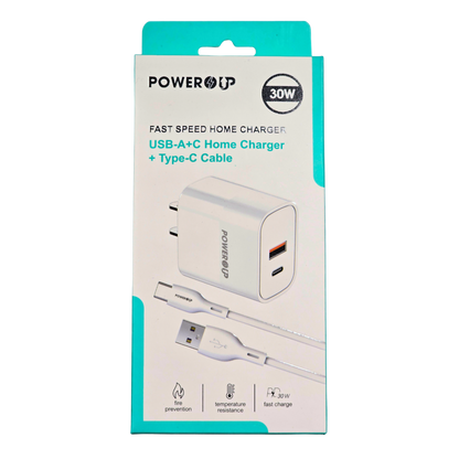 PowerUp 30W Fast Home Charger – Dual Port USB-A + USB-C (PD + QC), Includes Type-C Cable, Fire Protection, Temperature Resistant Wall Adapter