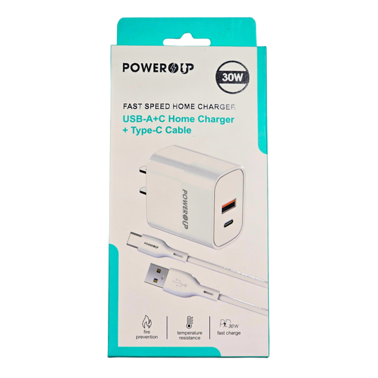 PowerUp 30W Fast Home Charger – Dual Port USB-A + USB-C (PD + QC), Includes Type-C Cable, Fire Protection, Temperature Resistant Wall Adapter