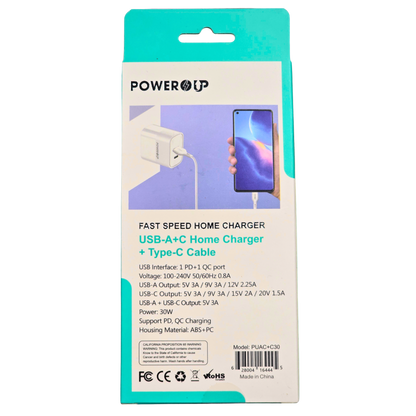PowerUp 30W Fast Home Charger – Dual Port USB-A + USB-C (PD + QC), Includes Type-C Cable, Fire Protection, Temperature Resistant Wall Adapter