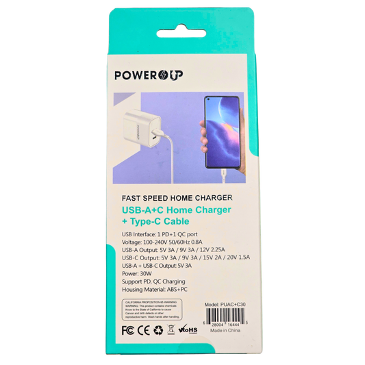 PowerUp 30W Fast Home Charger – Dual Port USB-A + USB-C (PD + QC), Includes Type-C Cable, Fire Protection, Temperature Resistant Wall Adapter