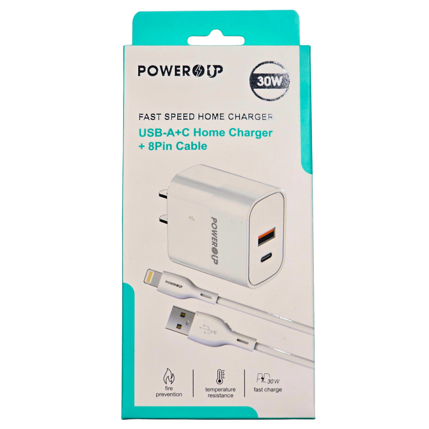 PowerUp 30W Fast Speed USB-A + USB-C Home Charger + 8-Pin Cable | Dual Port Fast Charging Wall Adapter | Universal Device Charging Set