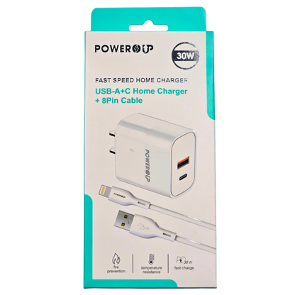 PowerUp 30W Fast Speed USB-A + USB-C Home Charger + 8-Pin Cable | Dual Port Fast Charging Wall Adapter | Universal Device Charging Set